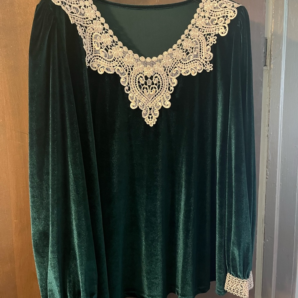 Elegant Vintage Green Velvet Top with Lace Trim Sz. 1X - Picture 2 of 10